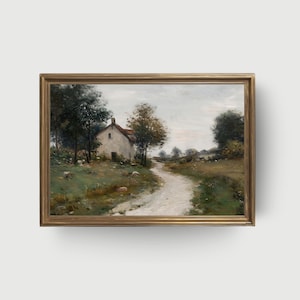 Cozy Landscape | Horizontal Country Landscape, Vintage Print Painting, Digital Download, Cottagecore Decor Wall Art, Vintage Oil Painting