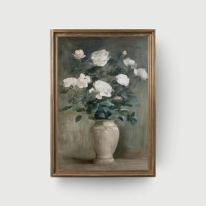 White Roses in Vintage Vase |  Elegant Floral Still Life Printable Art, Rustic Art, Antique Oil Painting Style Wall Decor for Home & Cottage