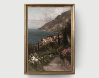 Italian Seaside Village | Mediterranean Landscape Oil Painting, Coastal Path Wall Art, Rustic Summer Printable Decor