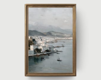 Mediterranean Coastal Village | Serene Greek Island, Vintage Summer Coastal Art Decor, Summer Digital Download for Beach House