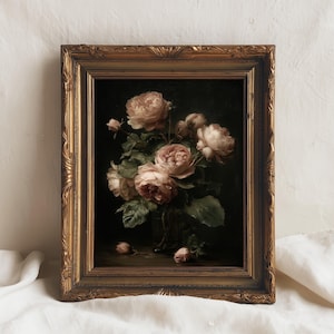 Blush Roses in Shadow | Romantic Floral Wall Art, Vintage Peony Oil Painting, Baroque Still Life Printable, Elegant Dark Flower Decor