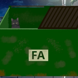 Könnte beinhalten: Ein grüner Müllcontainer mit braunem Deckel und den Buchstaben "FA" auf der Vorderseite. Eine schwarze Katze mit gelben Augen schaut aus dem Inneren des Containers. Der Hintergrund zeigt einen Nachthimmel.