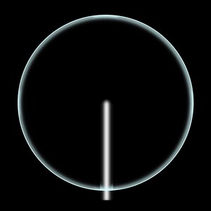 May include: Abstract digital art featuring a large, glowing circle with a light blue outline against a black background. A vertical, white, glowing line extends from the bottom of the circle.