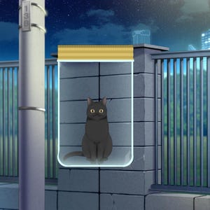 Op de afbeelding: Een illustratie van een zwarte kat met gele ogen in een glazen pot. De pot is omlijnd met een gloeiend wit licht en staat op een grijze bakstenen muur. De achtergrond toont een nachtscène met een hek, straatlantaarns en gebouwen.