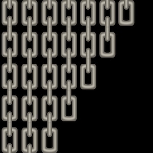 May include: A digital illustration of a series of silver metal chains against a black background. The chains are linked together in vertical rows, with some rows ending before others, creating a staggered effect. The chains have a metallic sheen.