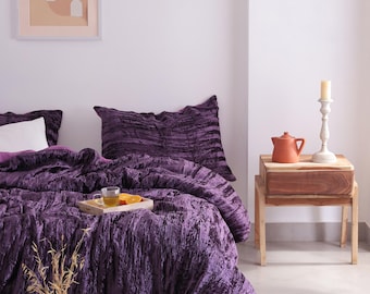 Purple Crushed Velvet Duvet Cover, Boho Duvet Cover, Luxury Velvet Bedding, Bohemian Velvet Bedding Set, King Velvet Bedding Quilt Cover