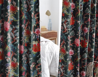 Cortinas de terciopelo floral verde esmeralda, estilo bohemio, paneles de ventana personalizados de lujo, decoración de boda, sala de estar, cafetería, regalo para ella.