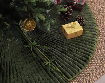 Gonna per albero di Natale trapuntata in velluto verde muschio, gonna per albero di Natale, collare per albero di Natale, decorazioni natalizie per la casa, regali per decorazioni per feste in stile fattoria