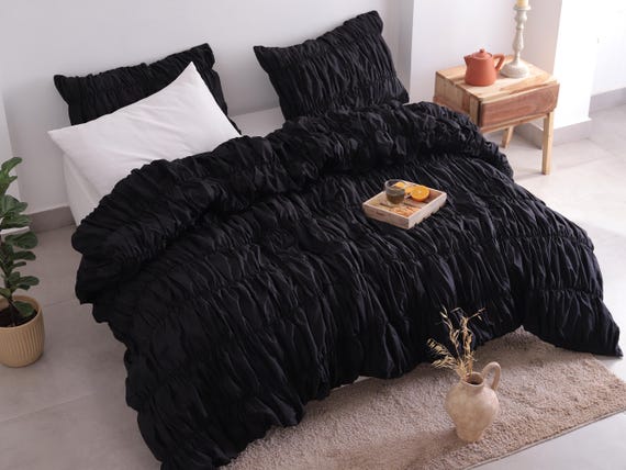 Black Wrinkle Cotton Duvet Cover, Boho Duvet Cover, Modern Duvet Cover, Dorm Bedding, Comforter Cover, Bohemian Duvet Cover, Gift For Her