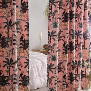 Pastel Pink Jungle Print Cotton Velvet Curtains, Boho Curtain, Indian Luxury Drapes, Housewarming Gift , Extra Large Custom Curtains Panel