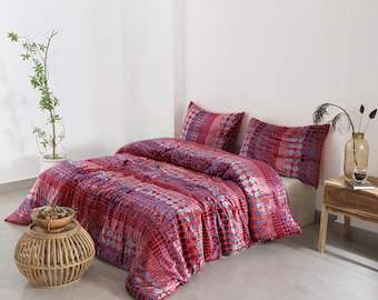 Roter Ausgebrannter Samt Bettbezug, Boho Weicher Bettwäsche Trösterbezug, Luxe Samt Bettwäsche Set, Damast Samt Tagesdecke, Quilt Bezug Queen Size