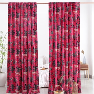 Hot Pink Jungle Print Cotton Velvet Curtains, Boho Curtain, Indian Luxury Drapes, Housewarming Gift , Extra Wide Custom Curtains Panels New
