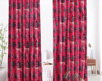 Hot Pink Jungle Print Baumwolle Samtvorhänge, Boho Vorhang, indische Luxus Vorhänge, Housewarming Geschenk, extra breite benutzerdefinierte Vorhänge Panels Neu