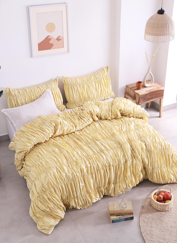 Buttergelb Baumwolle Cinched Wrinkle Bettbezug, Boho Trösterbezug, Queen Bettbezug, Boho Wohnheim gemütliches Bettwäsche Set, Bauernhaus Bettwäsche