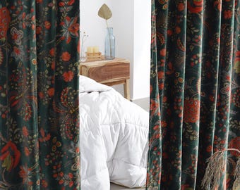 Cortinas de terciopelo verde esmeralda: cortinas bohemias con diseño floral, paneles de ventana personalizados de lujo, cortinas de estilo indio para dormitorio, sala de estar y decoración de cafetería.