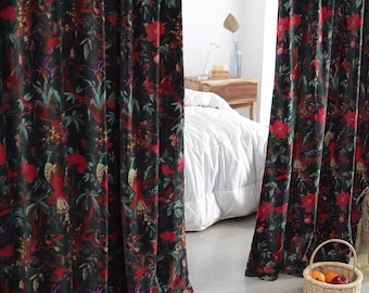 Cortinas de terciopelo bohemio con estampado de pájaros verde oscuro, cortinas opacas, cortinas de lujo indias, cortinas para dormitorio, cortinas personalizadas para sala de estar grande