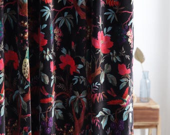 Black Bird Printed Boho Velvet Curtains, Blackout Cotton Curtain, Indian Luxury Drapes, Boho Bedroom Curtain, Living Room Custom Curtains