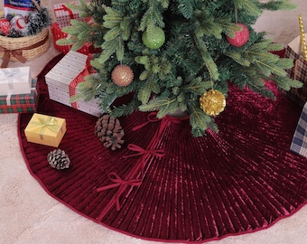 Wine Red Velvet Quilted Christmas Tree Skirt, Xmas Tree Skirt, Tree Collar Christmas, Christmas Home Decor, Farmhouse Party Decor Gifts