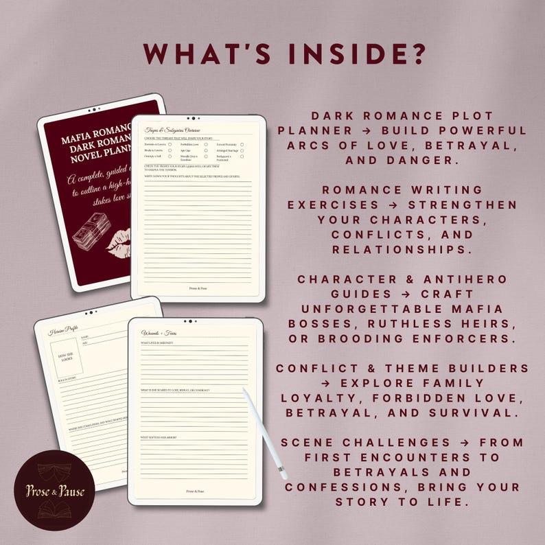May include: A dark red Mafia Romance Novel Planner with the text "What's Inside?" and a list of features. Includes a planner, writing exercises, character guides, and conflict builders. The planner is designed to help writers build powerful arcs of love, betrayal, and danger.