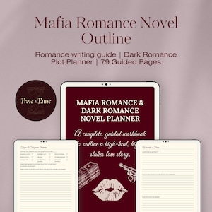 Puede incluir: Un esquema digital de novela romántica de mafia, una guía de escritura romántica y un planificador de trama con 79 páginas guiadas. La portada presenta el texto "Mafia Romance & Dark Romance Novel Planner" con ilustraciones.