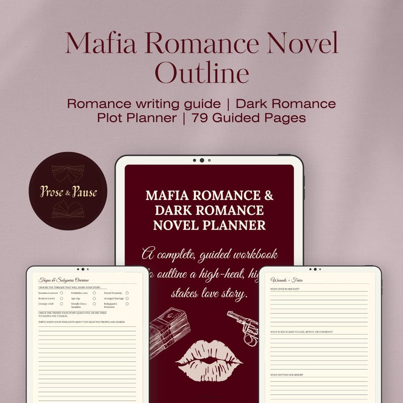 May include: A digital Mafia Romance Novel Outline, a romance writing guide and plot planner with 79 guided pages. The cover features the text "Mafia Romance & Dark Romance Novel Planner" with illustrations of a stack of money, a gun, and lips.