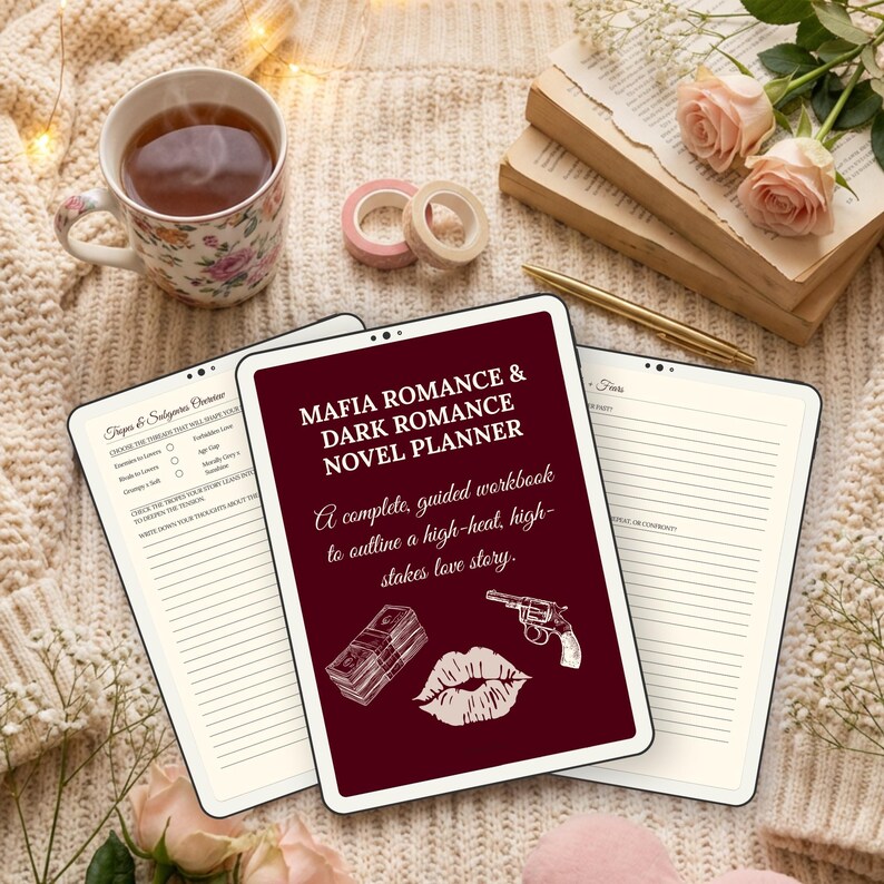 May include: A flat lay featuring a novel planner with the text "MAFIA ROMANCE & DARK ROMANCE NOVEL PLANNER". The planner is open to lined pages. A cup of tea, roses, and washi tape are also present.