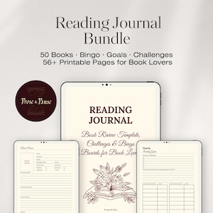 Puede incluir: Un paquete de diario de lectura digital con el texto "Reading Journal Bundle" y "50 Books Bingo Goals Challenges 56+ Printable Pages for Book Lovers." Incluye plantillas para reseñas de libros, desafíos y tableros de bingo.
