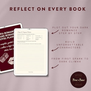May include: A digital novel planner with the text "Reflect on Every Book." The planner includes prompts for plotting a dark romance, building characters, and outlining a story. The color scheme is a mix of burgundy and cream.