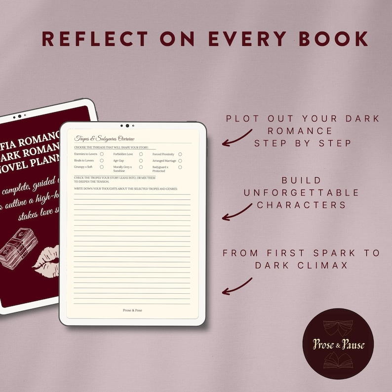 May include: A digital novel planner with the text "Reflect on Every Book." The planner includes prompts for plotting a dark romance, building characters, and outlining a story. The color scheme is a mix of burgundy and cream.