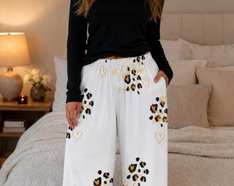 Black Gold Pajama Pants for Women, Leopard Heart Lounge Pants, Cozy Wide Leg Sleepwear