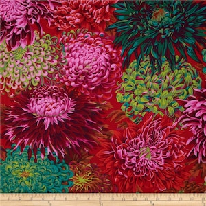 Japanese Chrysanthemum Scarlet PWPJ041, Kaffe Fassett, Philip Jacobs, Bright Floral, Quilting, Red Quilt Fabric, Fabric By The Half Yard
