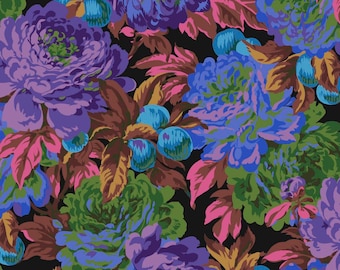 Kaffe Fassett LUSCIOUS Black PWPJ011, Philip Jacobs, Quilt Fabric, Floral Fabric, Purple Fabric, Cotton Fabric, Quilting, Fabric By The Yard