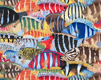 Treasure Island by Snow Leopard Designs, STRIPEY FISH Multi PWSL-116, Philip Jacobs, Quilt Fabric, Cotton Fabric, Fabric By The Yard