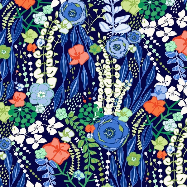 Flowing Floral in Navy Blue CLY3662 53, MARGOT Clothworks, Amy Reber, Cotton Fabric, Quilting Fabric, Floral Fabric, Fabric By The Yard