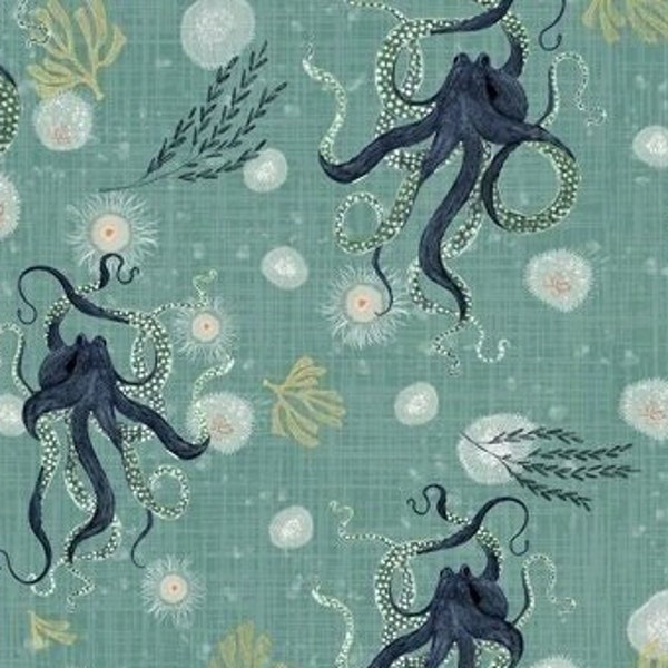 Whale Tales OCTOPUS Sea Green 52100-3 Windham Fabrics, Quilt Fabric, Cotton Fabric, Nautical Fabric, Quilting Fabric, Fabric By The Yard