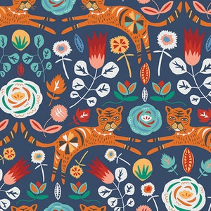 Tigris Indigo Cat Fabric: Tallinn Folk Art Cotton, Art Gallery Fabrics