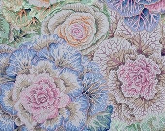 May include: A floral fabric design featuring a close-up of cabbage flowers in shades of pink, blue, and green. The fabric has a textured, embroidered look.