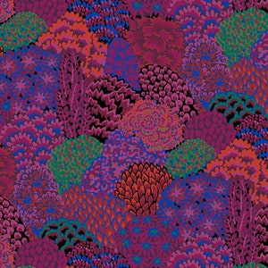 May include: A colorful fabric with a repeating pattern of stylized flowers in shades of pink, red, blue, green, and black.