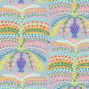 May include: A gray fabric with a repeating pattern of colorful floral bouquets in blue vases. The bouquets are made up of small pink, yellow, blue, and green flowers. The background is a light gray with small white dots.