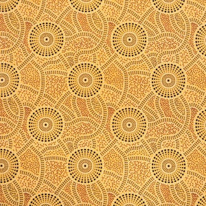 May include: A beige fabric with a repeating pattern of black and orange circles. The circles are made up of smaller dots and create a concentric circle design.