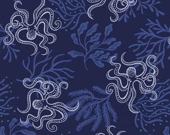 Octopus in Cobalt with Silver Metallic A621.3 MOONTIDE, Lewis and Irene Fabric, Quilt Fabric, Cotton Fabric, Nautical, Fabric By The Yard