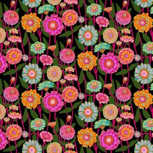 May include: A vibrant floral pattern featuring colorful zinnias in shades of pink, orange, and teal against a black background. The flowers are interspersed with green leaves and pink stems, creating a lively and eye-catching design.