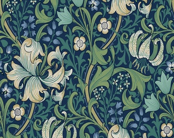 William Morris, BUTTERMERE, Golden Lily, PWWM028-Navy, Free Spirit Fabrics, Quilt Fabric, The Original Morris & Co, Fabric By The Yard