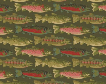 Small Trout, GO FISH, PWMN021.Olive, Martha Negley, Free Spirit Fabrics,  Quilt Fabric, Cotton Fabric, Fish Fabric, Fabric By The Yard