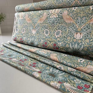 Strawberry Thief Aqua Cotton Fabric: William Morris Kelmscott Collection