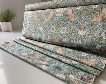 Strawberry Thief Aqua Cotton Fabric: William Morris Kelmscott Collection