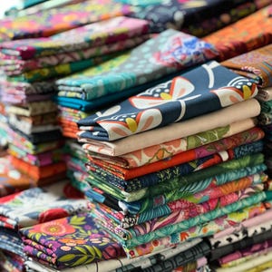 May include: Stacks of colorful fabric with floral and abstract patterns. The fabrics are folded and arranged in neat piles, showcasing a variety of colors including blues, pinks, oranges, and greens. The image highlights the textures and designs of the textiles.