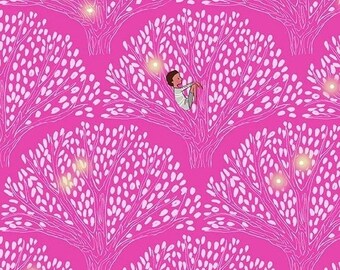 ON SALE Tree Lights in Rose Pink DC-6226 Wee Wander by Sarah Jane, Michael Miller, Quilt Fabric, Cotton Fabric, Childrens Fabric, One Yard