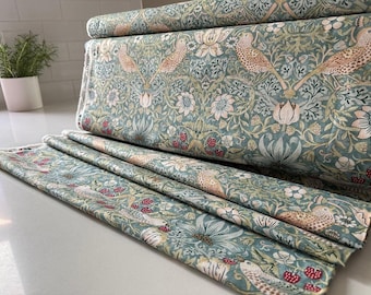 Strawberry Thief Aqua Cotton Fabric: William Morris Kelmscott Collection
