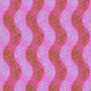 May include: A repeating pattern of wavy vertical stripes. The stripes alternate between solid pink, and sections filled with floral and leaf designs in shades of brown and light purple. The background is a lighter pink.